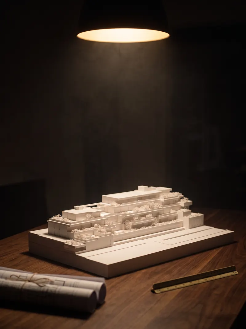 White architectural study model of a terraced apartment building under a single warm lamp